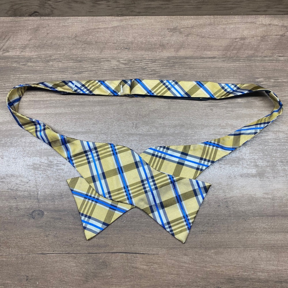 Tommy Hilfiger Mens‎ Yellow Blue Plaid Silk Self Tie Bow Tie Adjustable - Picture 6 of 6